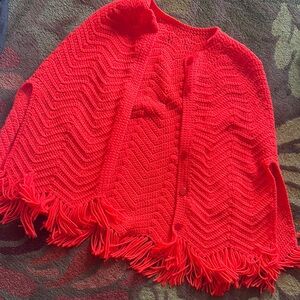 Orange/Red Fringed Women's Poncho Sweater